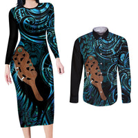 Maripi New Zealand Couples Matching Long Sleeve Bodycon Dress and Long Sleeve Button Shirt Maori Weapon Paua Shell Haka Fern LT14 Turquoise - Polynesian Pride