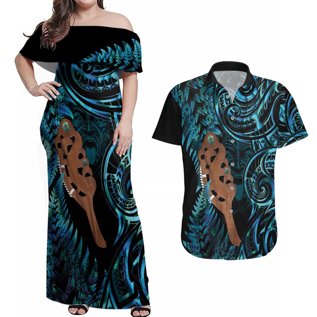 Maripi New Zealand Couples Matching Off Shoulder Maxi Dress and Hawaiian Shirt Maori Weapon Paua Shell Haka Fern LT14 Turquoise - Polynesian Pride