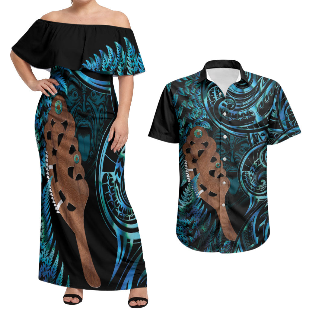 Maripi New Zealand Couples Matching Off Shoulder Maxi Dress and Hawaiian Shirt Maori Weapon Paua Shell Haka Fern LT14 Turquoise - Polynesian Pride