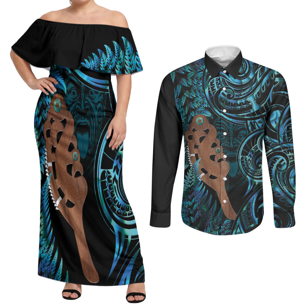 Maripi New Zealand Couples Matching Off Shoulder Maxi Dress and Long Sleeve Button Shirt Maori Weapon Paua Shell Haka Fern LT14 Turquoise - Polynesian Pride