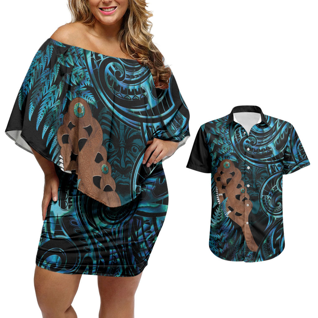Maripi New Zealand Couples Matching Off Shoulder Short Dress and Hawaiian Shirt Maori Weapon Paua Shell Haka Fern LT14 Turquoise - Polynesian Pride