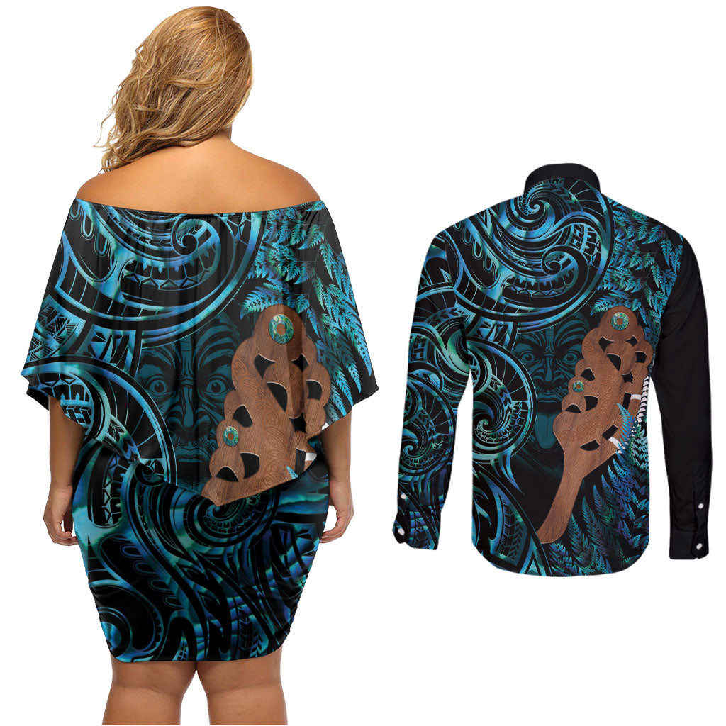 Maripi New Zealand Couples Matching Off Shoulder Short Dress and Long Sleeve Button Shirt Maori Weapon Paua Shell Haka Fern LT14 - Polynesian Pride
