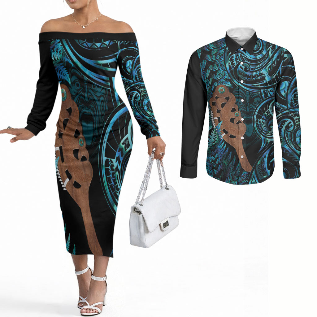 Maripi New Zealand Couples Matching Off The Shoulder Long Sleeve Dress and Long Sleeve Button Shirt Maori Weapon Paua Shell Haka Fern LT14 Turquoise - Polynesian Pride