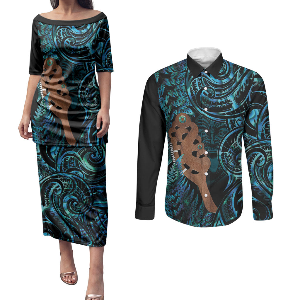 Maripi New Zealand Couples Matching Puletasi and Long Sleeve Button Shirt Maori Weapon Paua Shell Haka Fern LT14 Turquoise - Polynesian Pride