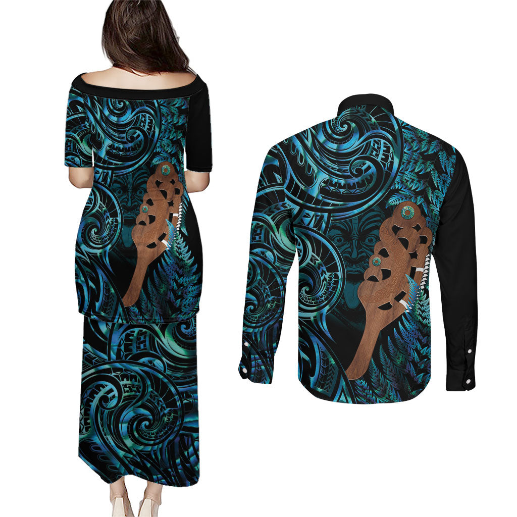 Maripi New Zealand Couples Matching Puletasi and Long Sleeve Button Shirt Maori Weapon Paua Shell Haka Fern LT14 - Polynesian Pride