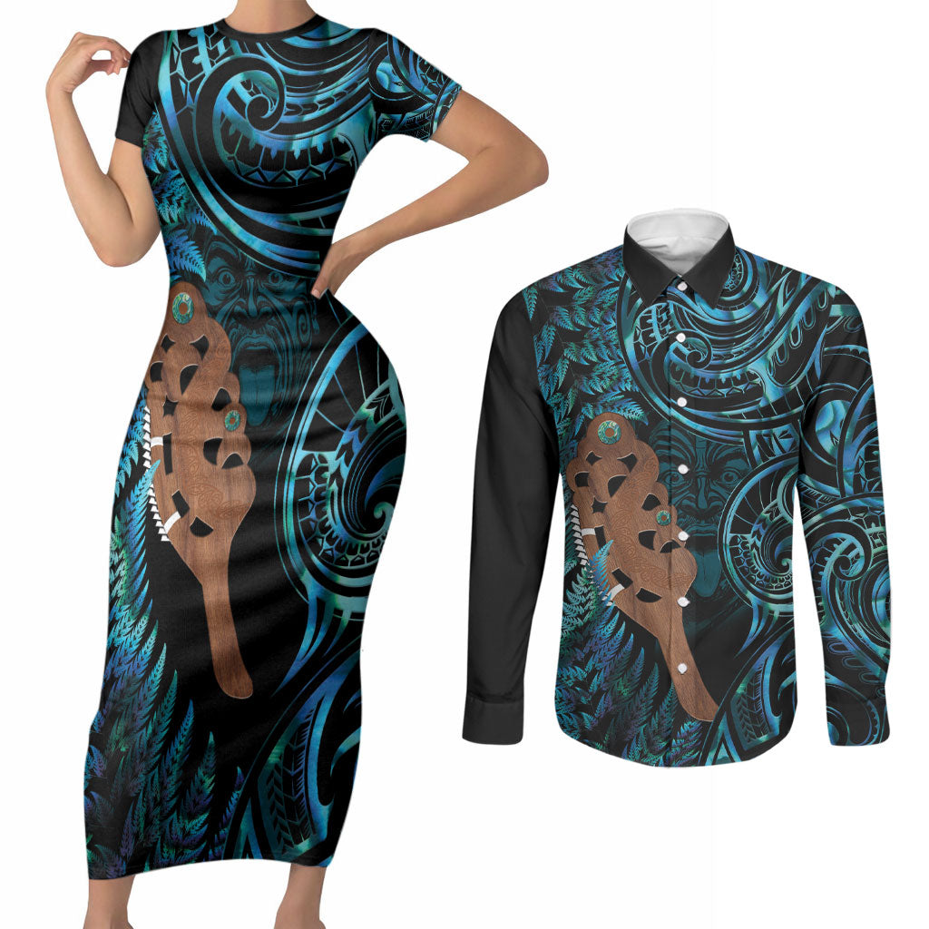 Maripi New Zealand Couples Matching Short Sleeve Bodycon Dress and Long Sleeve Button Shirt Maori Weapon Paua Shell Haka Fern LT14 Turquoise - Polynesian Pride