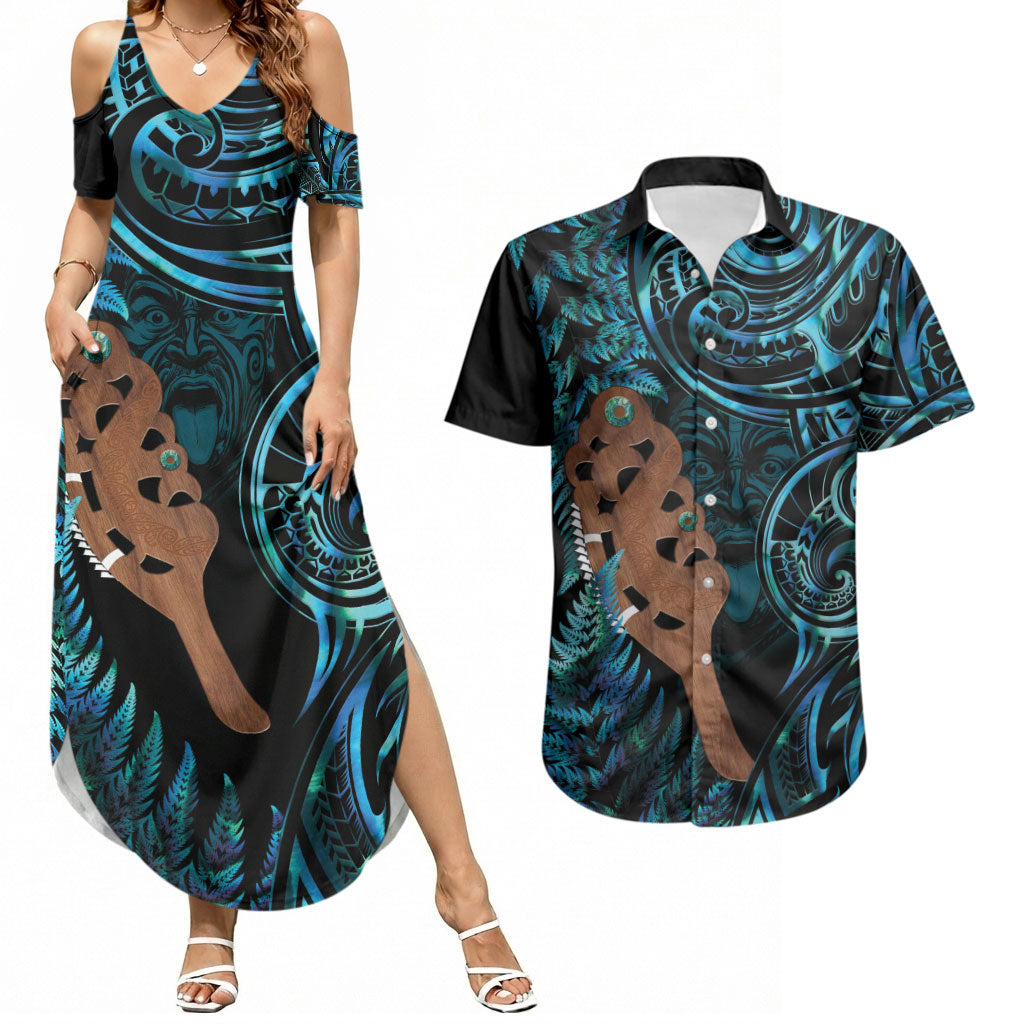 Maripi New Zealand Couples Matching Summer Maxi Dress and Hawaiian Shirt Maori Weapon Paua Shell Haka Fern LT14 Turquoise - Polynesian Pride