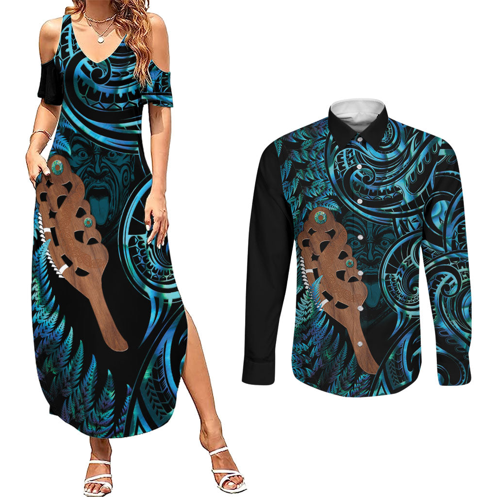 Maripi New Zealand Couples Matching Summer Maxi Dress and Long Sleeve Button Shirt Maori Weapon Paua Shell Haka Fern LT14 Turquoise - Polynesian Pride