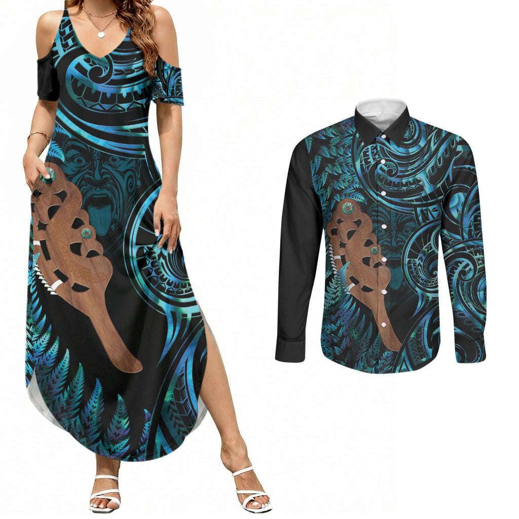 Maripi New Zealand Couples Matching Summer Maxi Dress and Long Sleeve Button Shirt Maori Weapon Paua Shell Haka Fern LT14 Turquoise - Polynesian Pride