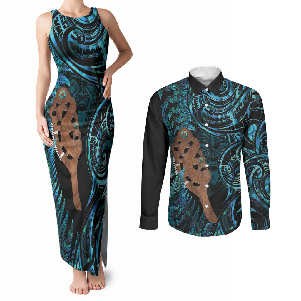 Maripi New Zealand Couples Matching Tank Maxi Dress and Long Sleeve Button Shirt Maori Weapon Paua Shell Haka Fern LT14 Turquoise - Polynesian Pride