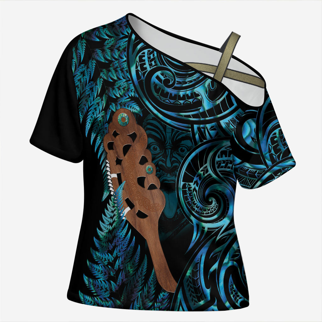 Maripi New Zealand Cross Shoulder Shirt Maori Weapon Paua Shell Haka Fern LT14 Female Turquoise - Polynesian Pride