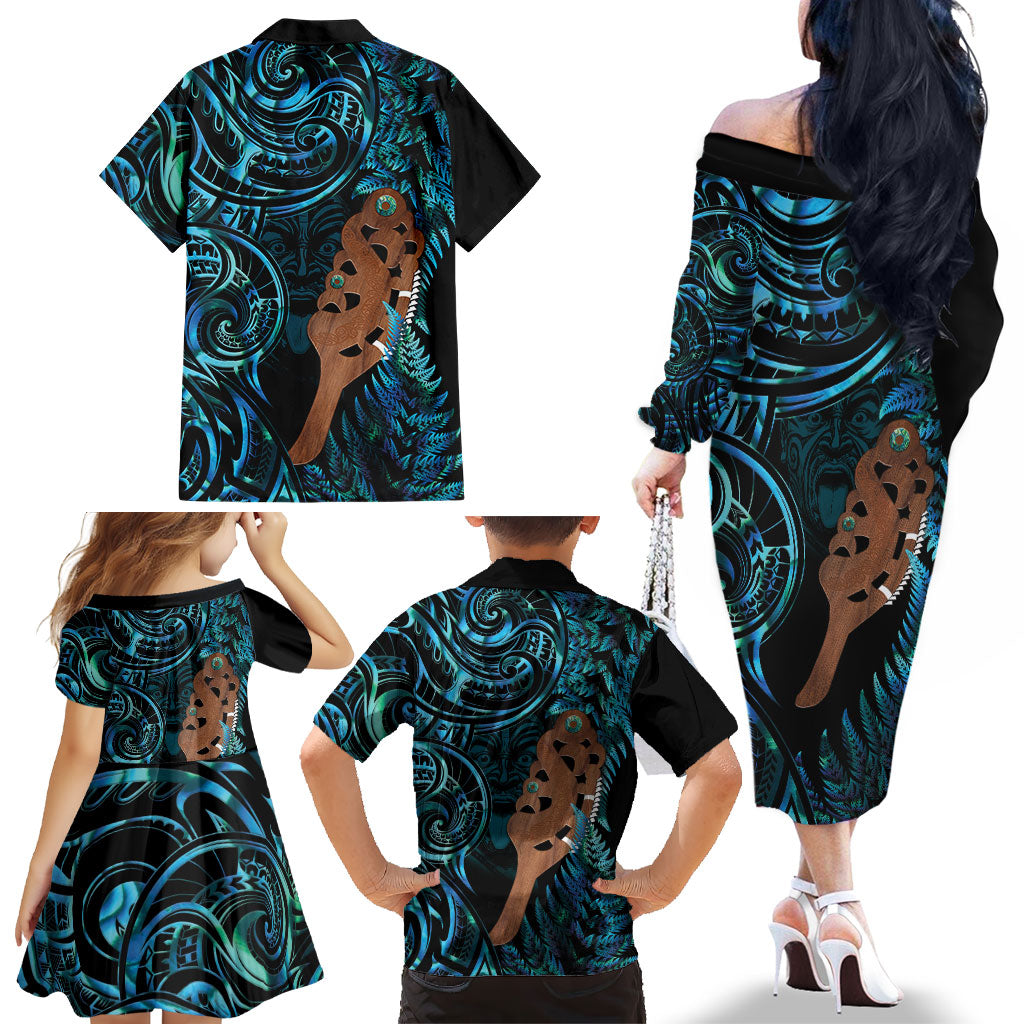 Maripi New Zealand Family Matching Off The Shoulder Long Sleeve Dress and Hawaiian Shirt Maori Weapon Paua Shell Haka Fern LT14 - Polynesian Pride