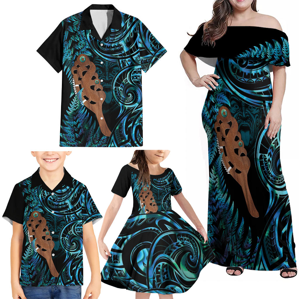 Maripi New Zealand Family Matching Off Shoulder Maxi Dress and Hawaiian Shirt Maori Weapon Paua Shell Haka Fern LT14 - Polynesian Pride