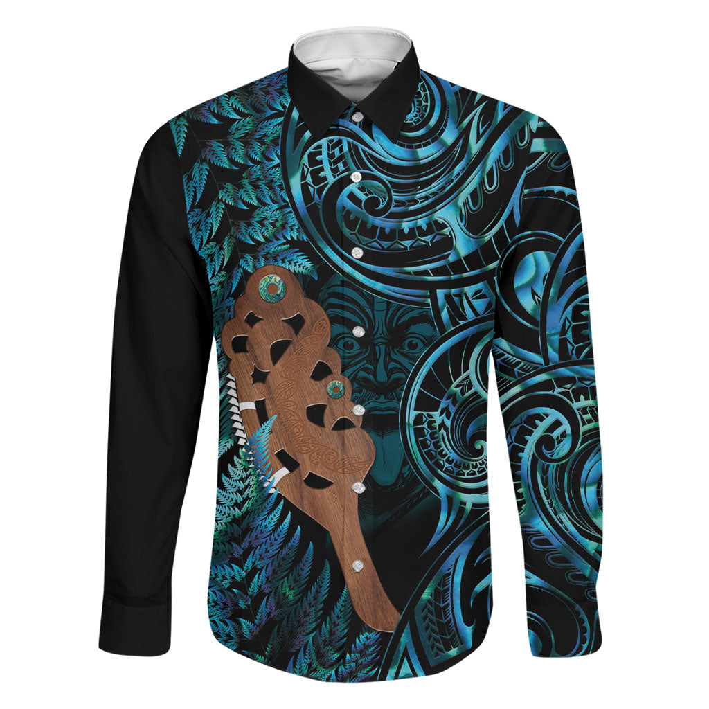 Maripi New Zealand Family Matching Puletasi and Hawaiian Shirt Maori Weapon Paua Shell Haka Fern LT14 Dad's Shirt - Long Sleeve Turquoise - Polynesian Pride