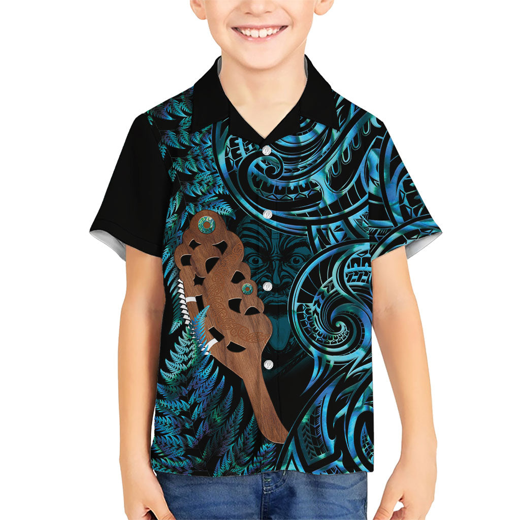 Maripi New Zealand Family Matching Puletasi and Hawaiian Shirt Maori Weapon Paua Shell Haka Fern LT14 Son's Shirt Turquoise - Polynesian Pride