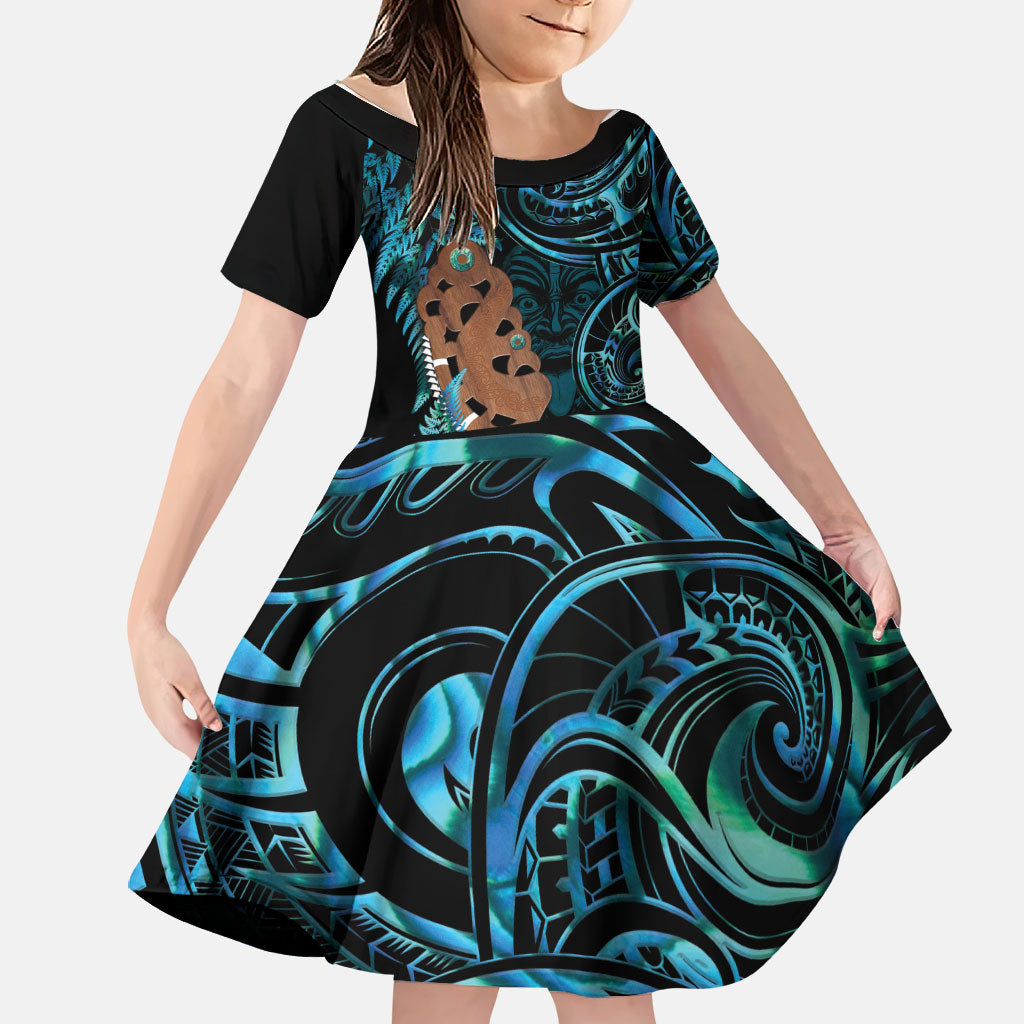 Maripi New Zealand Family Matching Tank Maxi Dress and Hawaiian Shirt Maori Weapon Paua Shell Haka Fern LT14 Daughter's Dress Turquoise - Polynesian Pride