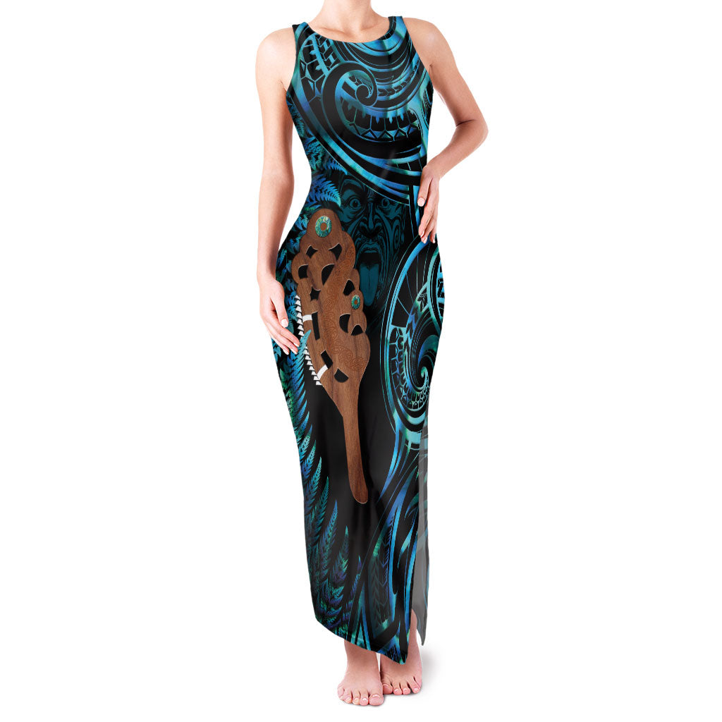 Maripi New Zealand Family Matching Tank Maxi Dress and Hawaiian Shirt Maori Weapon Paua Shell Haka Fern LT14 Mom's Dress Turquoise - Polynesian Pride