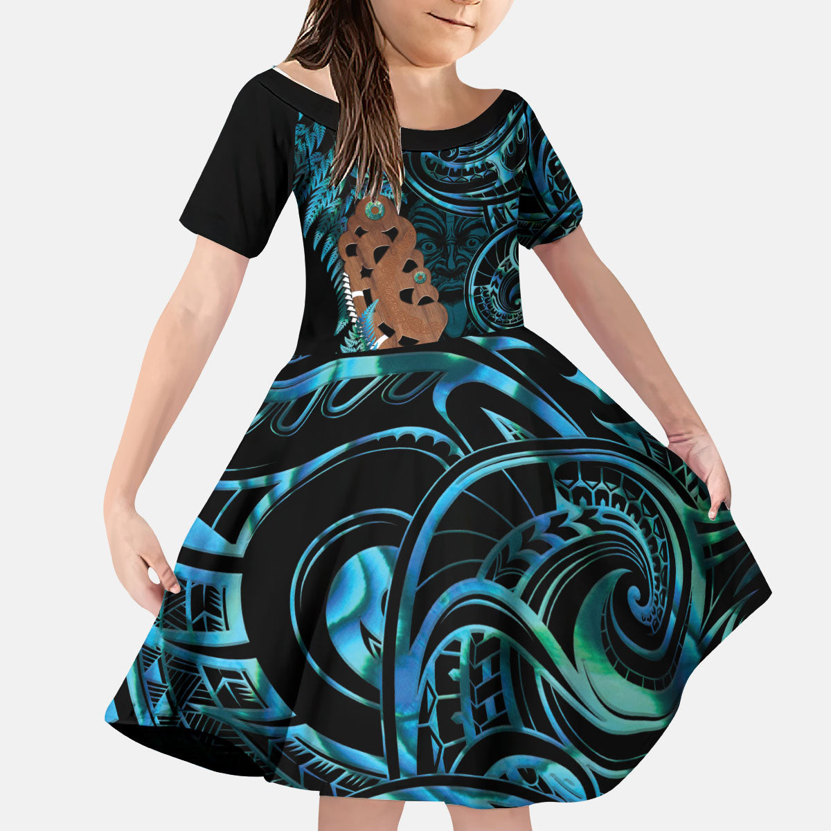 Maripi New Zealand Kid Short Sleeve Dress Maori Weapon Paua Shell Haka Fern LT14 KID Turquoise - Polynesian Pride