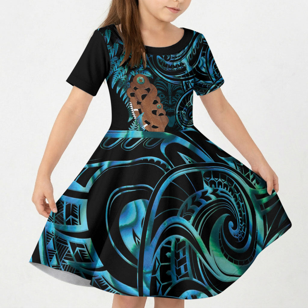 Maripi New Zealand Kid Short Sleeve Dress Maori Weapon Paua Shell Haka Fern LT14 KID Turquoise - Polynesian Pride