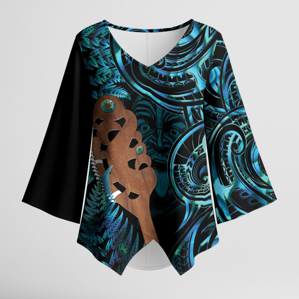 Maripi New Zealand Kimono Sleeve Blouse Maori Weapon Paua Shell Haka Fern LT14 Female Turquoise - Polynesian Pride
