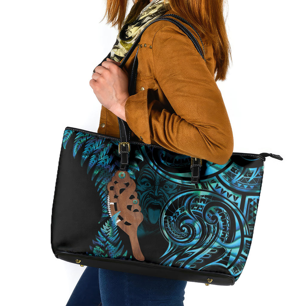 Maripi New Zealand Leather Tote Bag Maori Weapon Paua Shell Haka Fern LT14 Turquoise - Polynesian Pride