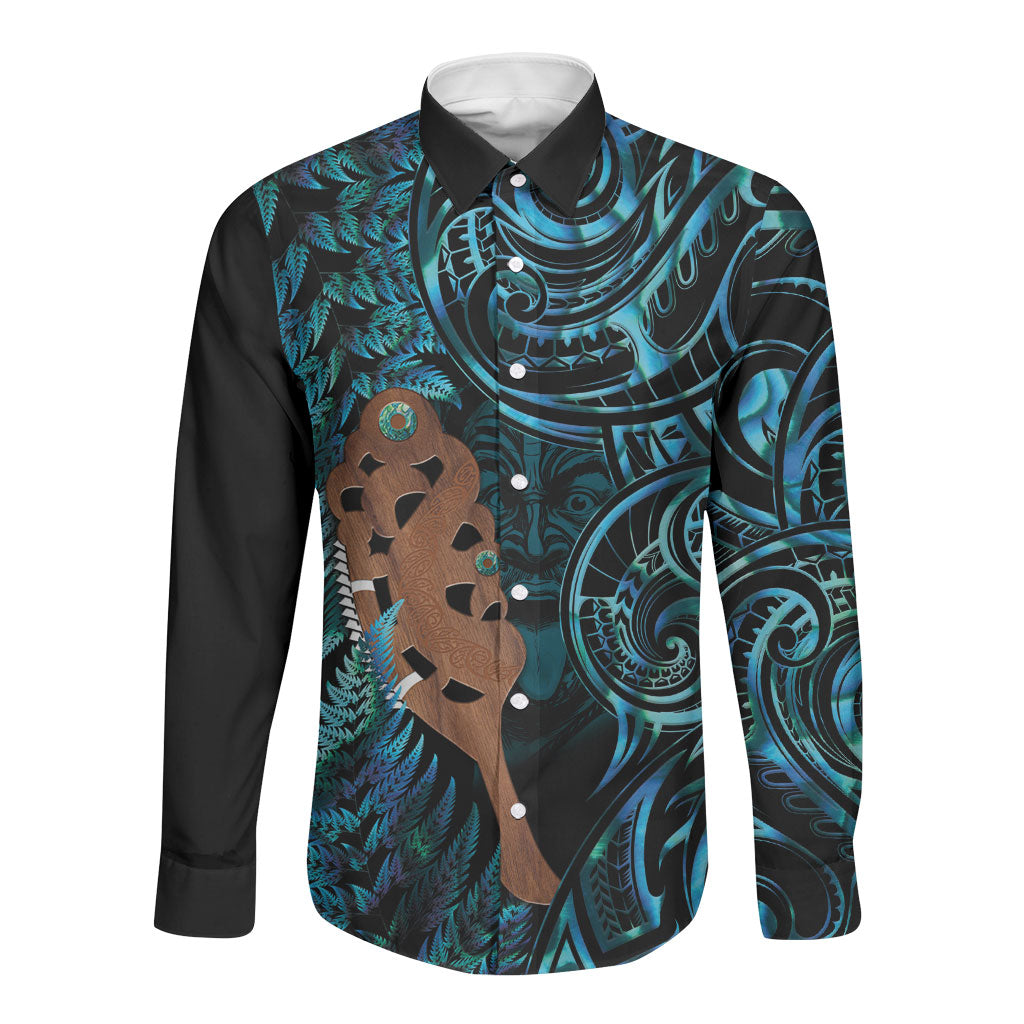 Maripi New Zealand Long Sleeve Button Shirt Maori Weapon Paua Shell Haka Fern LT14 Unisex Turquoise - Polynesian Pride
