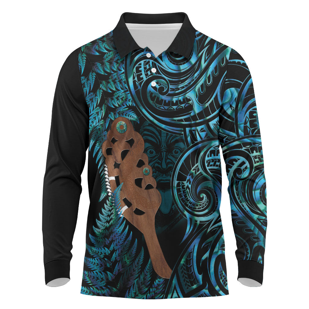 Maripi New Zealand Long Sleeve Polo Shirt Maori Weapon Paua Shell Haka Fern LT14 Turquoise - Polynesian Pride