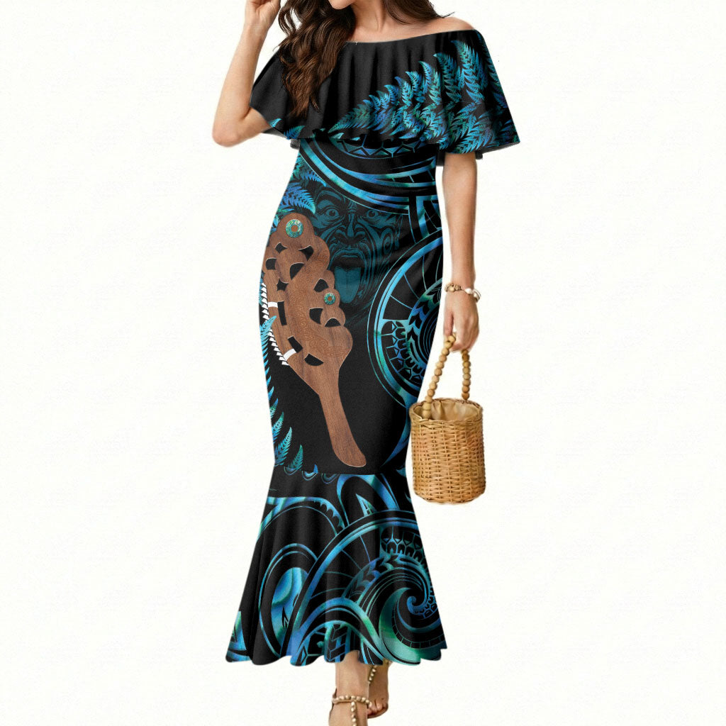 Maripi New Zealand Mermaid Dress Maori Weapon Paua Shell Haka Fern LT14 Women Turquoise - Polynesian Pride