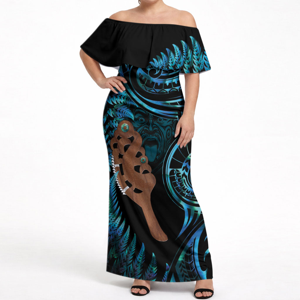 Maripi New Zealand Off Shoulder Maxi Dress Maori Weapon Paua Shell Haka Fern LT14 Women Turquoise - Polynesian Pride