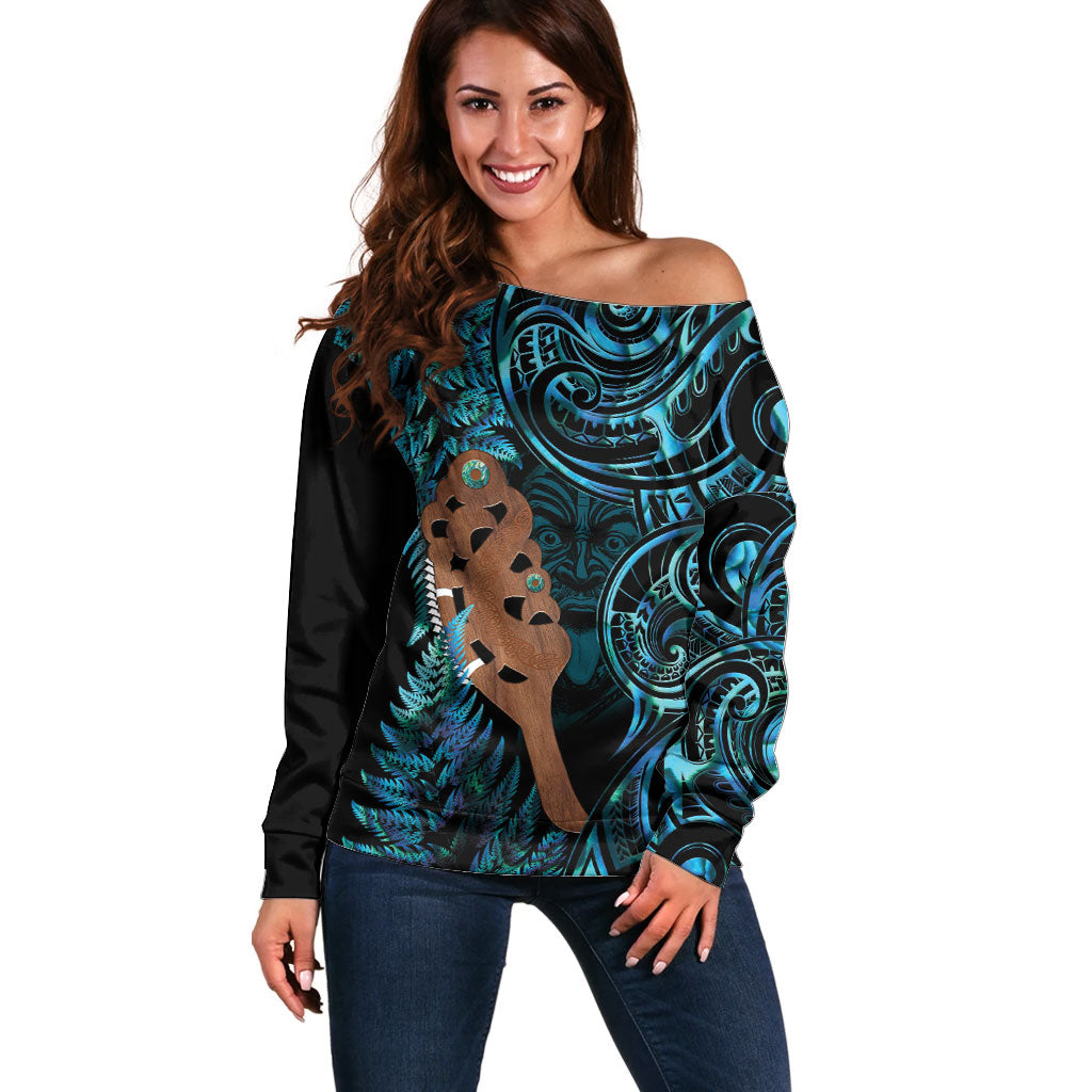 Maripi New Zealand Off Shoulder Sweater Maori Weapon Paua Shell Haka Fern LT14 Women Turquoise - Polynesian Pride