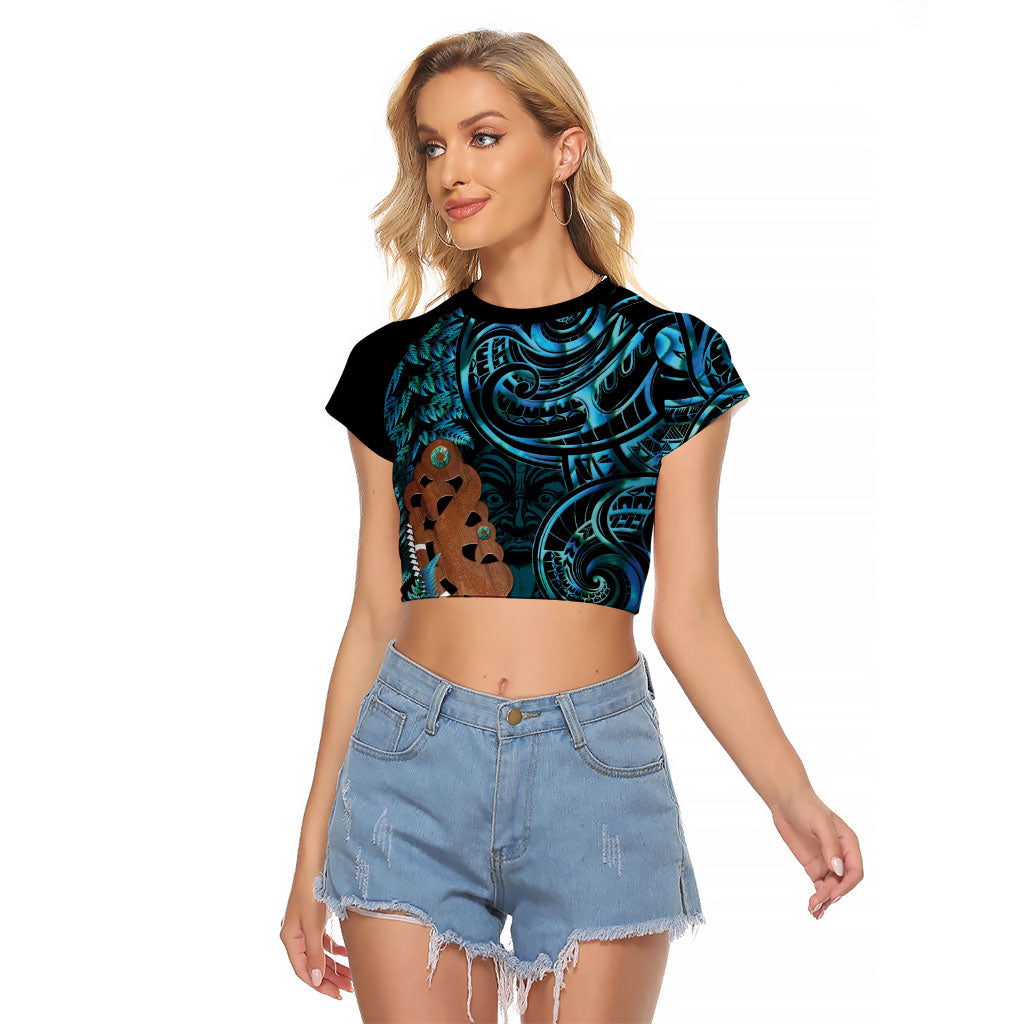 Maripi New Zealand Raglan Cropped T Shirt Maori Weapon Paua Shell Haka Fern LT14 Female Turquoise - Polynesian Pride