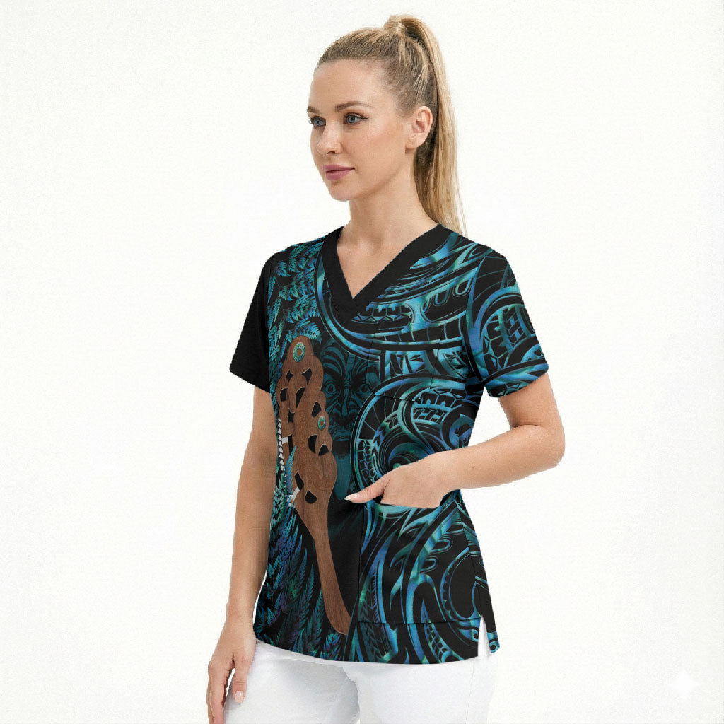 Maripi New Zealand Scrub Top Maori Weapon Paua Shell Haka Fern LT14 - Polynesian Pride