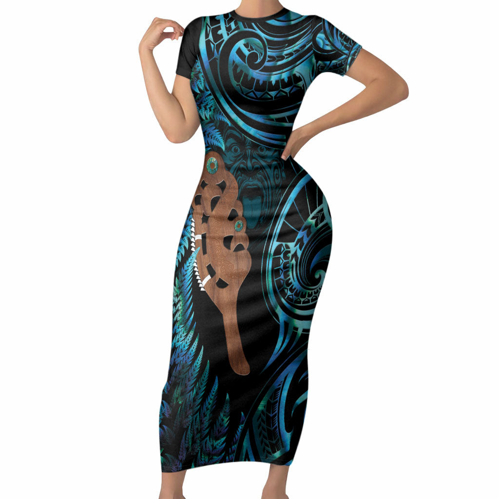 Maripi New Zealand Short Sleeve Bodycon Dress Maori Weapon Paua Shell Haka Fern LT14 Long Dress Turquoise - Polynesian Pride