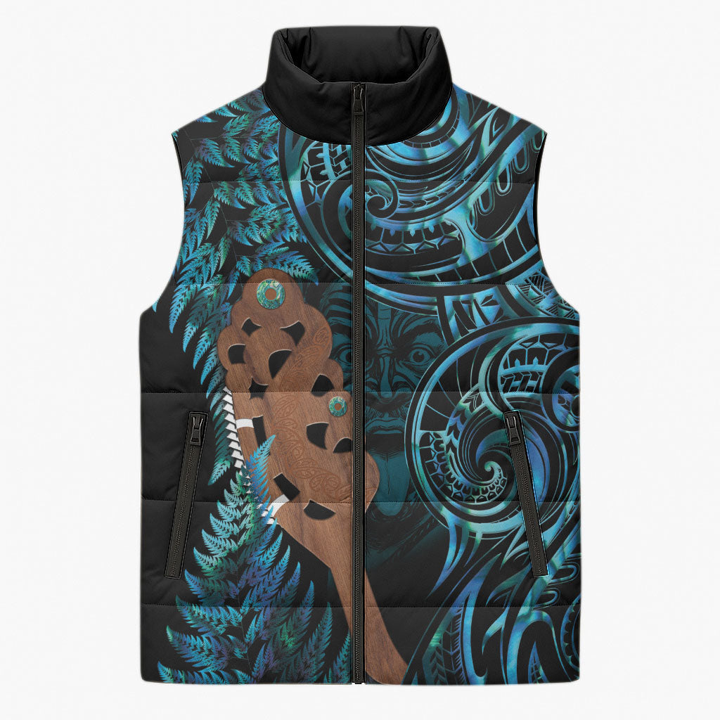 Maripi New Zealand Sleeveless Puffer Jacket Maori Weapon Paua Shell Haka Fern LT14 Unisex Turquoise - Polynesian Pride