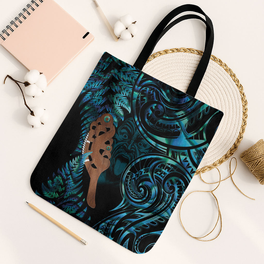 Maripi New Zealand Tote Bag Maori Weapon Paua Shell Haka Fern LT14 Black Strap One Size Turquoise - Polynesian Pride