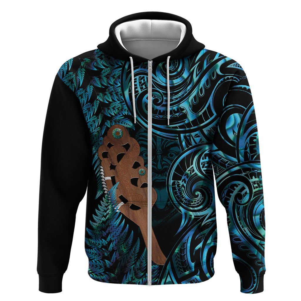 Maripi New Zealand Zip Hoodie Maori Weapon Paua Shell Haka Fern LT14 Zip Hoodie Turquoise - Polynesian Pride
