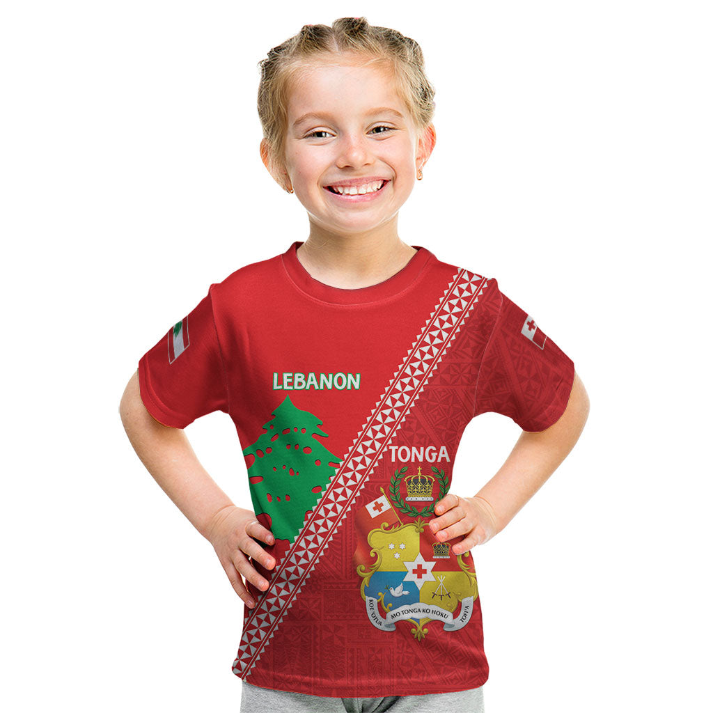 Tonga And Lebanon Kid T Shirt 2026 Together Half Style LT14 Red - Polynesian Pride