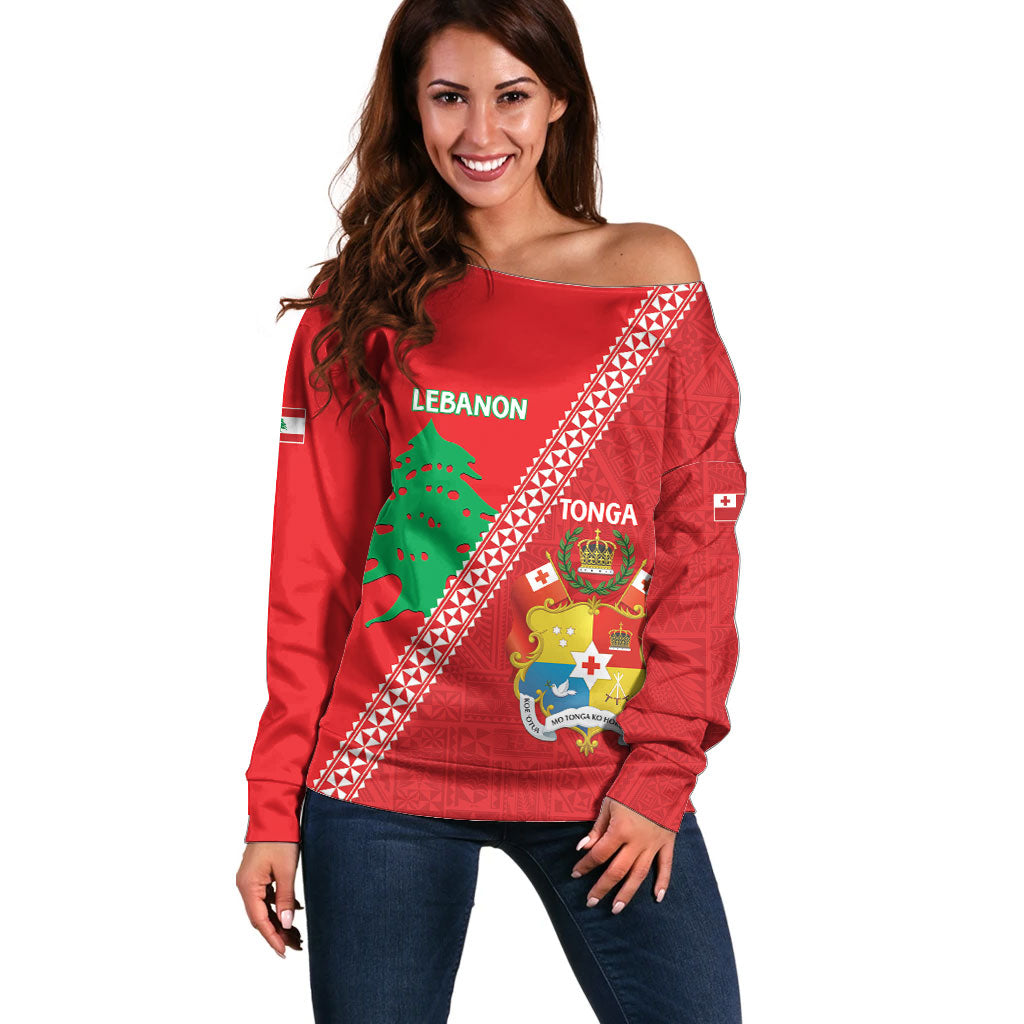 Tonga And Lebanon Off Shoulder Sweater 2026 Together Half Style LT14 Women Red - Polynesian Pride