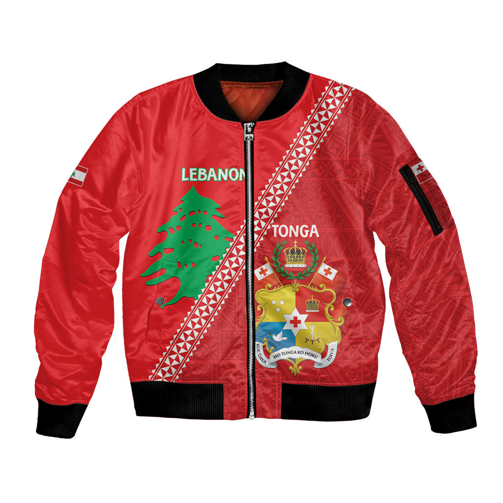 Tonga And Lebanon Sleeve Zip Bomber Jacket 2026 Together Half Style LT14 Unisex Red - Polynesian Pride