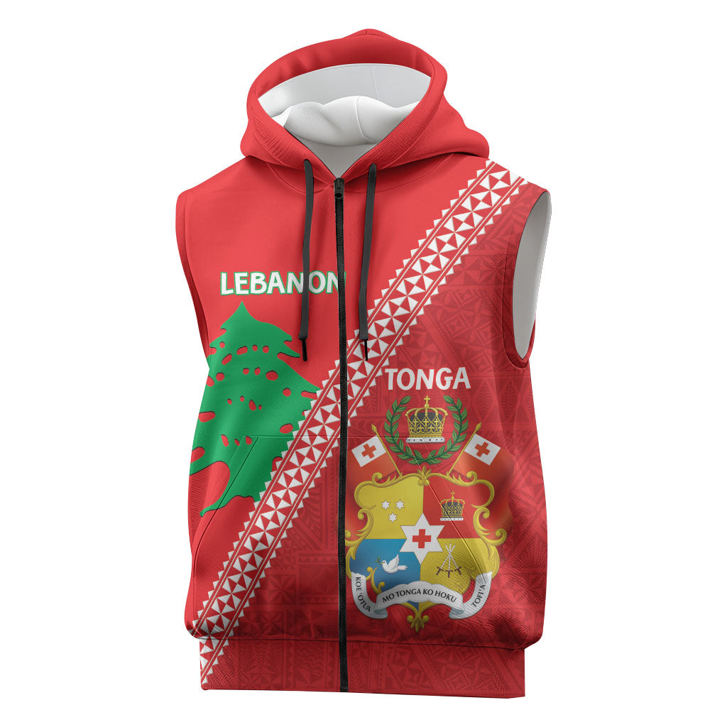 Tonga And Lebanon Sleeveless Zip Hoodie 2026 Together Half Style LT14 Red - Polynesian Pride