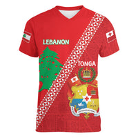 Tonga And Lebanon Women V-Neck T-Shirt 2026 Together Half Style LT14 Female Red - Polynesian Pride