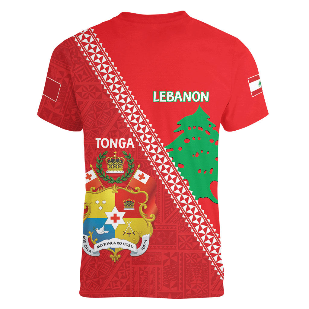 Tonga And Lebanon Women V-Neck T-Shirt 2026 Together Half Style LT14 - Polynesian Pride