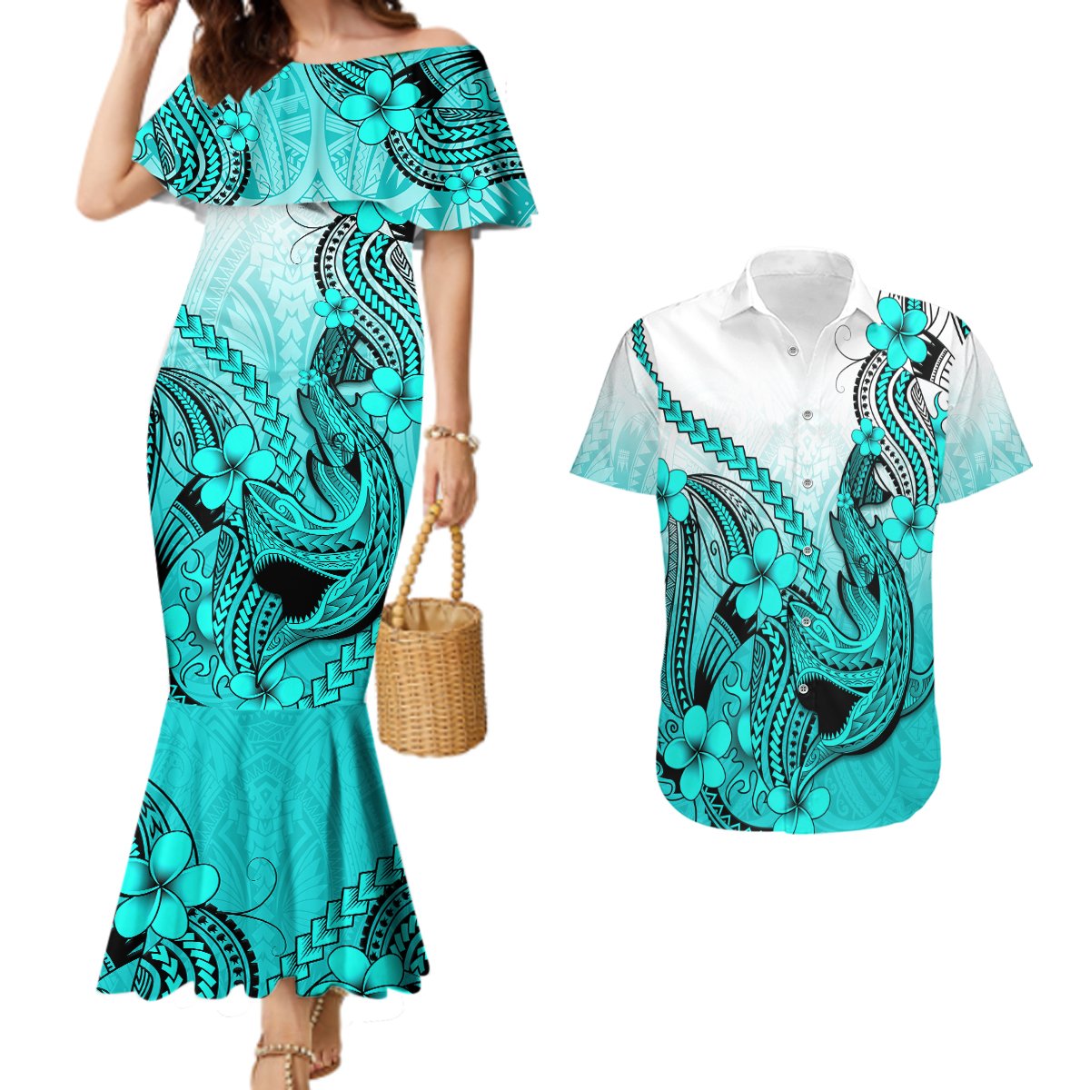 Hawaii Couples Matching Mermaid Dress And Hawaiian Shirt Polynesian Shark Tattoo With Plumeria Turquoise Gradient LT14 Turquoise - Polynesian Pride