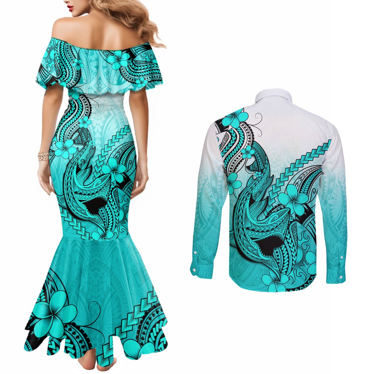 Hawaii Couples Matching Mermaid Dress and Long Sleeve Button Shirts Polynesian Shark Tattoo With Plumeria Turquoise Gradient LT14 - Polynesian Pride