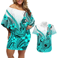 Hawaii Couples Matching Off Shoulder Short Dress and Hawaiian Shirt Polynesian Shark Tattoo With Plumeria Turquoise Gradient LT14 Turquoise - Polynesian Pride