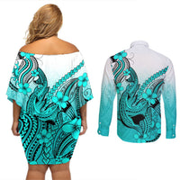 Hawaii Couples Matching Off Shoulder Short Dress and Long Sleeve Button Shirts Polynesian Shark Tattoo With Plumeria Turquoise Gradient LT14 - Polynesian Pride
