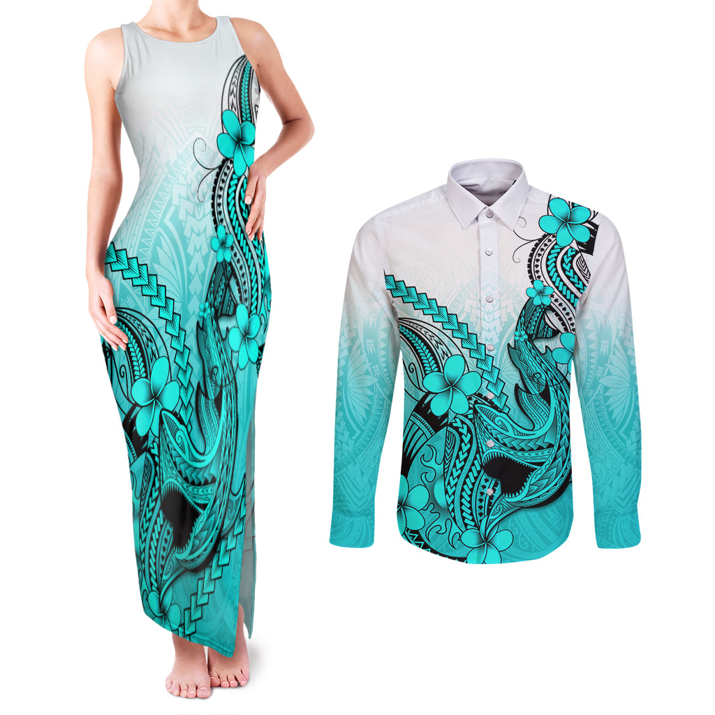 Hawaii Couples Matching Tank Maxi Dress and Long Sleeve Button Shirts Polynesian Shark Tattoo With Plumeria Turquoise Gradient LT14 Turquoise - Polynesian Pride