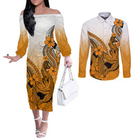 Hawaii Couples Matching Off The Shoulder Long Sleeve Dress and Long Sleeve Button Shirts Polynesian Shark Tattoo With Plumeria Orange Gradient LT14 Orange - Polynesian Pride