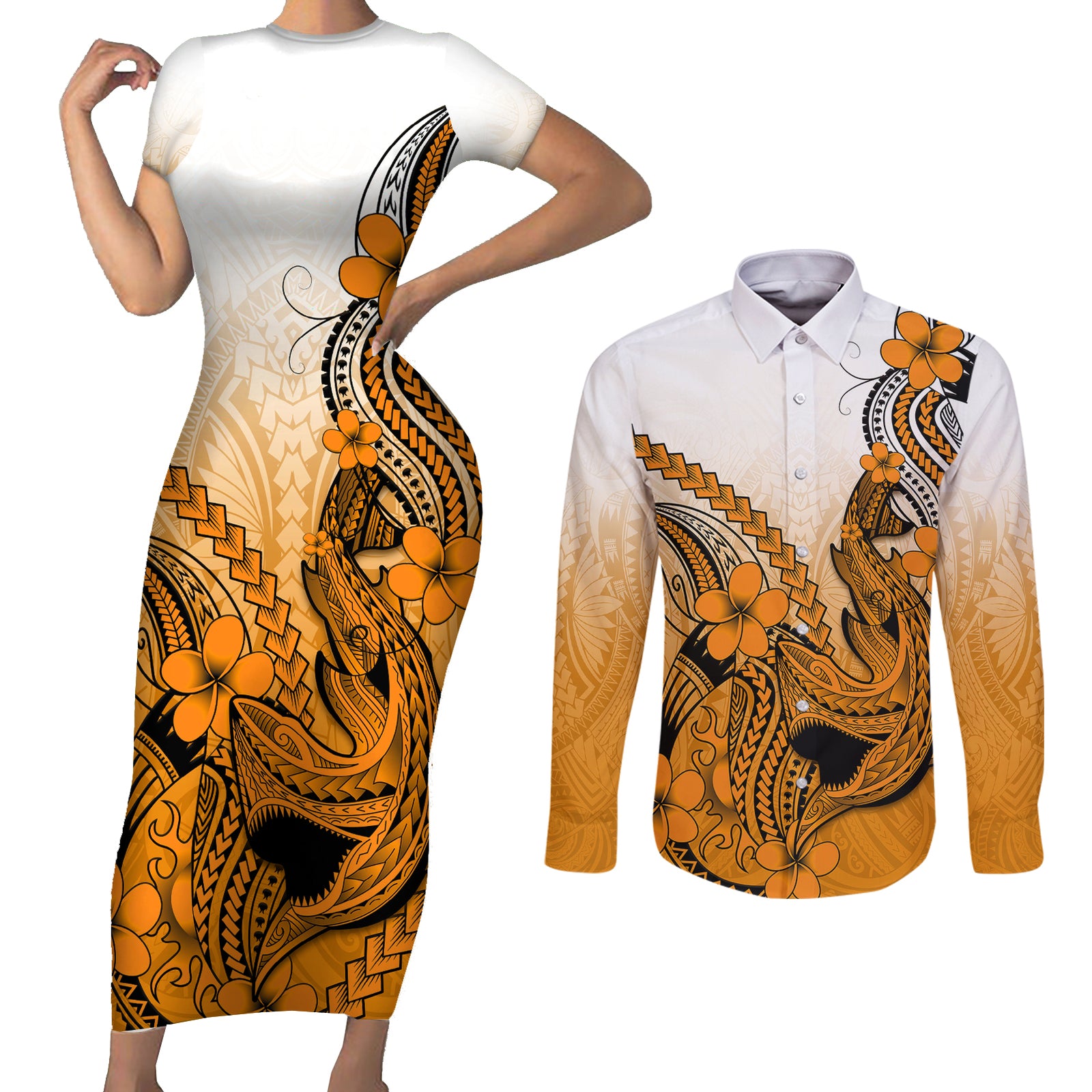 Hawaii Couples Matching Short Sleeve Bodycon Dress and Long Sleeve Button Shirts Polynesian Shark Tattoo With Plumeria Orange Gradient LT14 Orange - Polynesian Pride