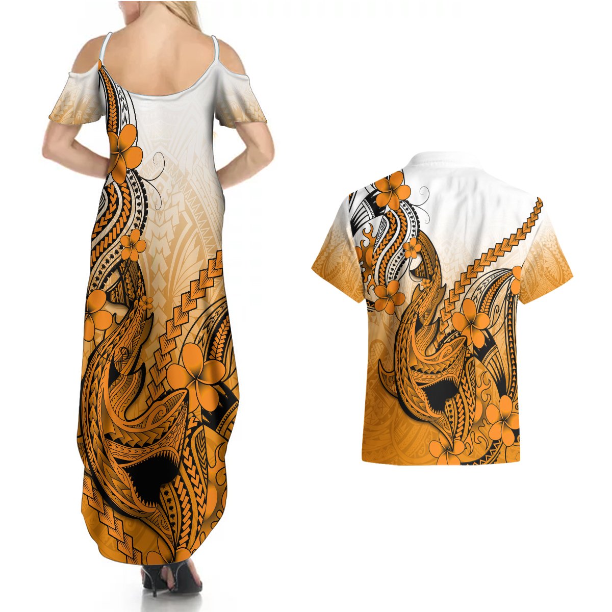 Hawaii Couples Matching Summer Maxi Dress and Hawaiian Shirt Polynesian Shark Tattoo With Plumeria Orange Gradient LT14 - Polynesian Pride